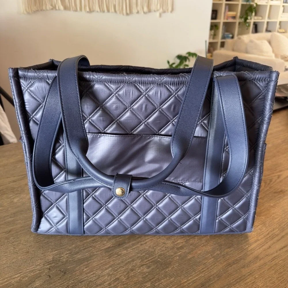 NEW Joan & David Navy Blue Quilted Nylon Large Tote Bag Gold Hardware w/ Pouch